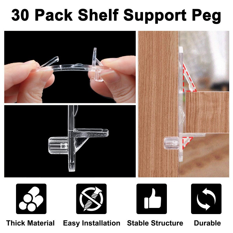 INCREWAY 30 Pack Shelf Support Peg, Clear Plastic Cabinet Pins, Self-Locking Bracket Clips for Supporting Furniture, Kitchen Bookcase, Closet, Fits 3/16" Diameter Hole & 13/16" Shelf - Image 3